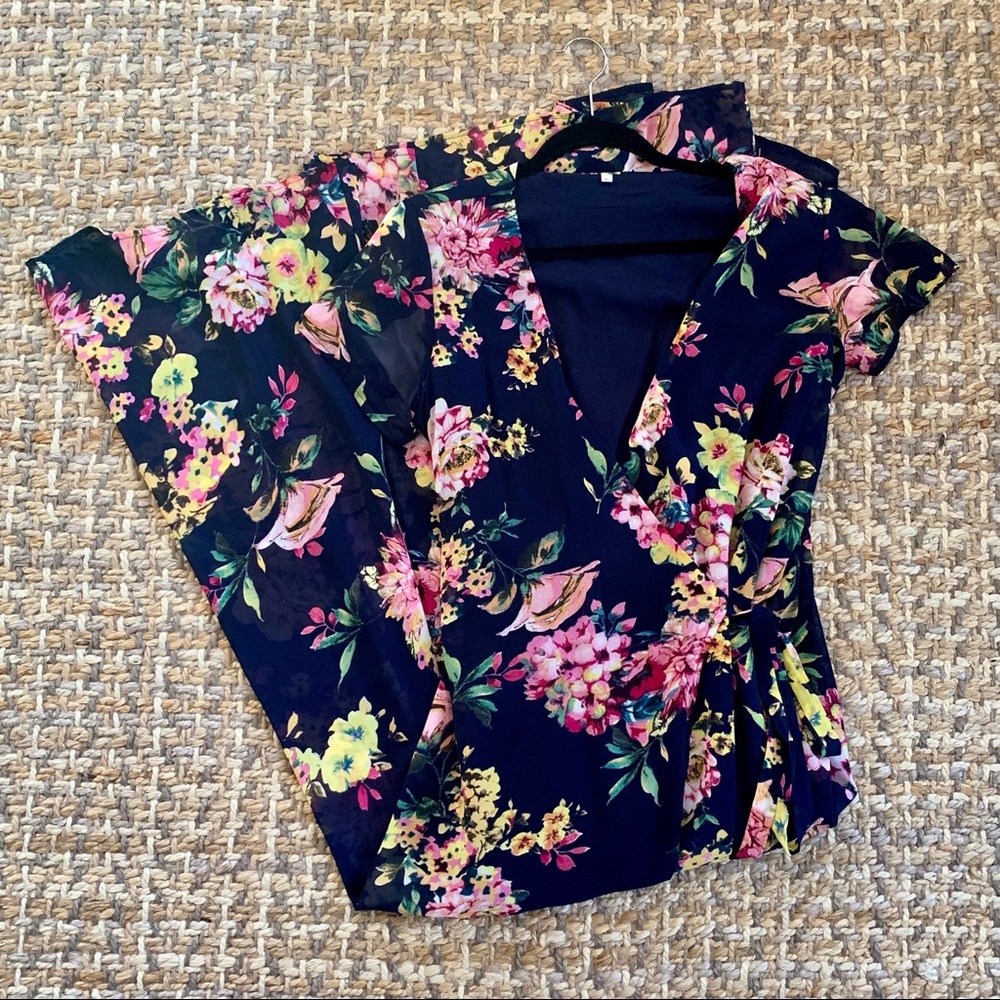 Navy Blue Floral Wrap Dress